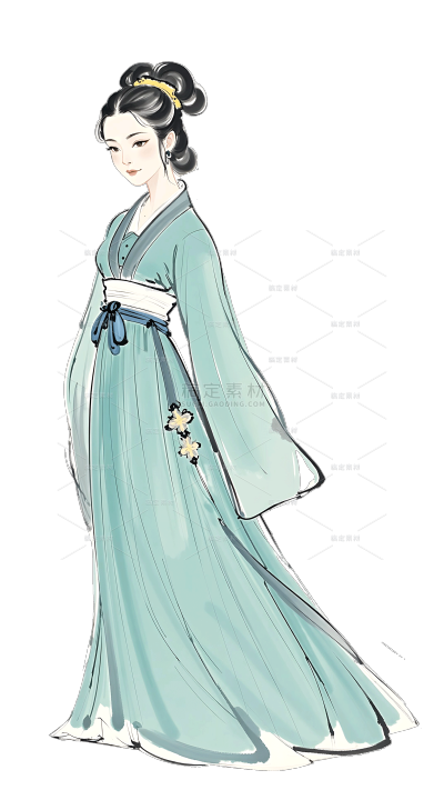 中国风手绘古风水墨画青衣仕女元素