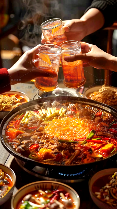 美食写实吃火锅碰杯场景