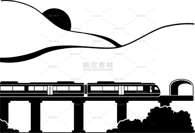 建筑系列简约风黑色列车高架桥山脉太阳线稿（td）
