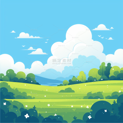 风光系列插画风清新白云草坪插画（td）