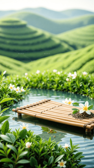植物系列实景清新感茉莉花水面场景展台