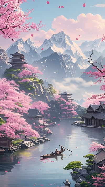 春分国风建筑山水插画场景背景 