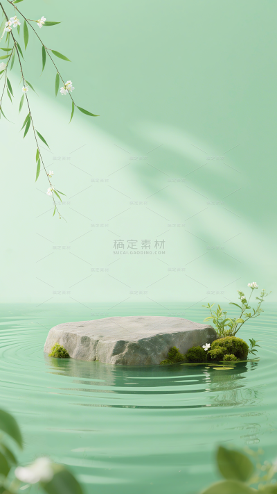 背景系列清新感水面柳叶苔藓绿叶石块展台背景