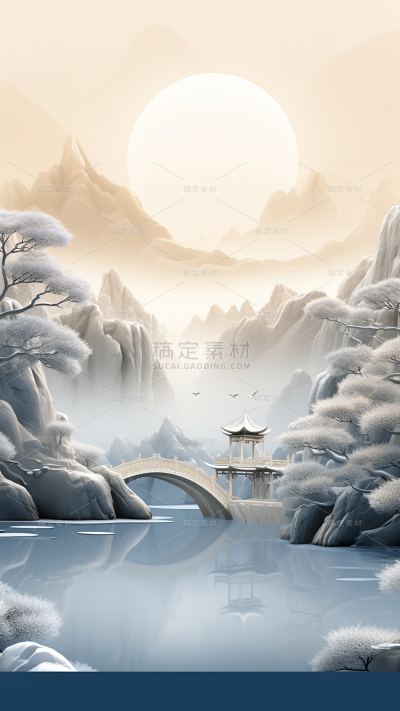冬季冬天通用插画中国风自然山水积雪场景背景