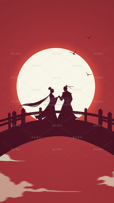 七夕情人节系列简约红色月亮人物剪影通用背景素材