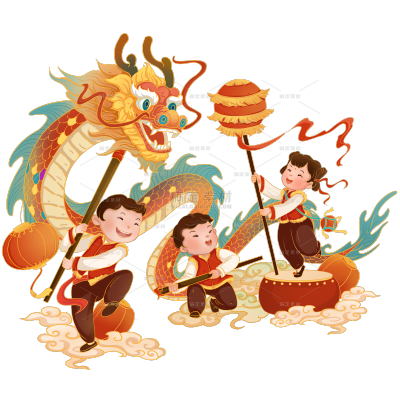 春节龙通用插画多人舞龙贴纸