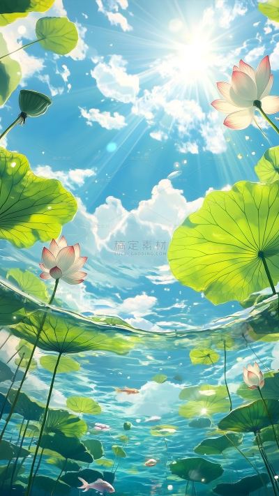 立夏实景光影荷叶蓝天白云背景