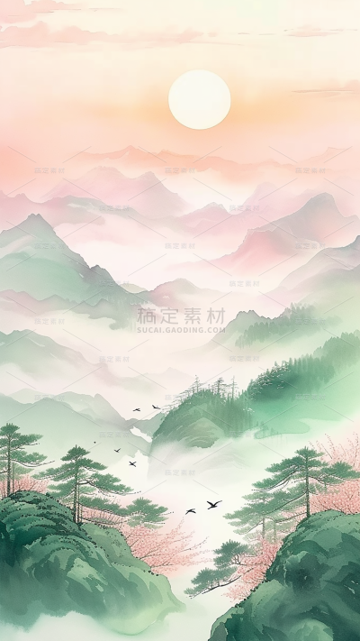 二十四节气春分春天水墨山水背景场景图片素材
