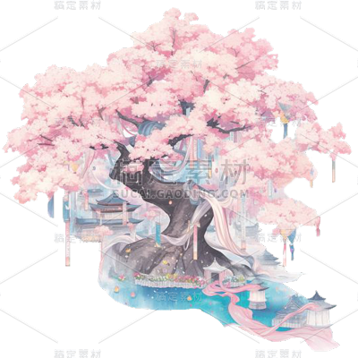 植物通用中国风中式粉色插画单棵樱花树元素素材