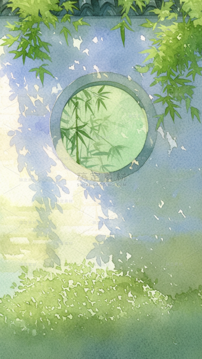 夏日中国风-水彩绿色植物中式墙面图片背景