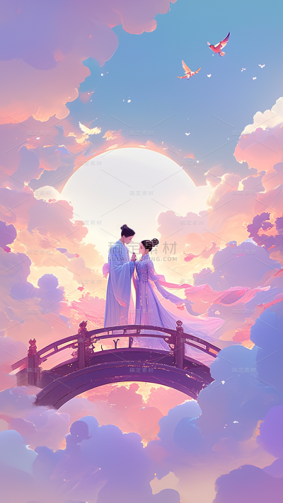 七夕情人节系列3D梦幻人物桥通用背景素材
