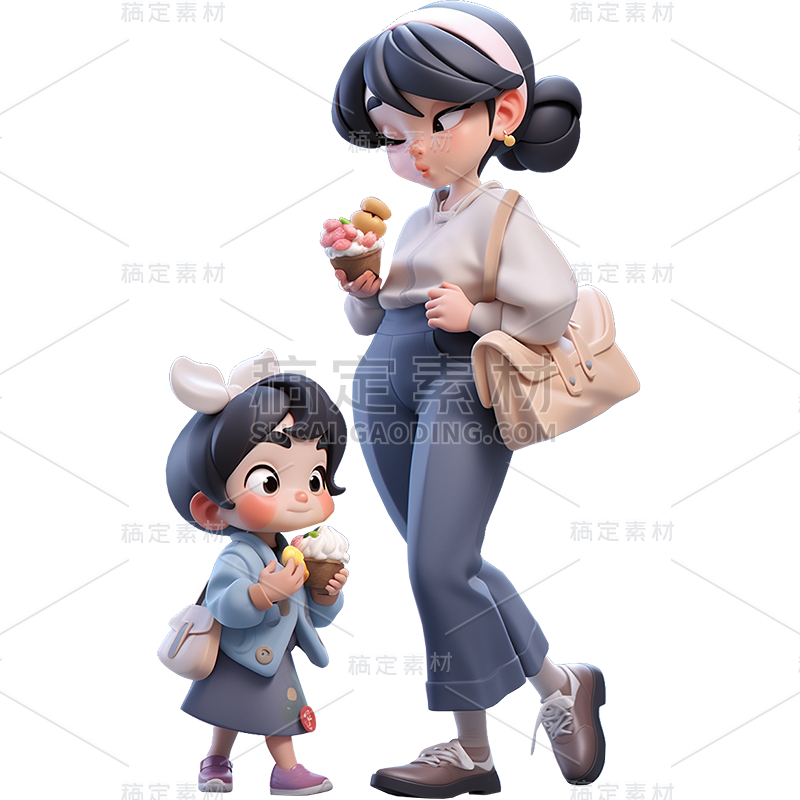 通用3D卡通感亲子双人多人购物人物元素贴纸
