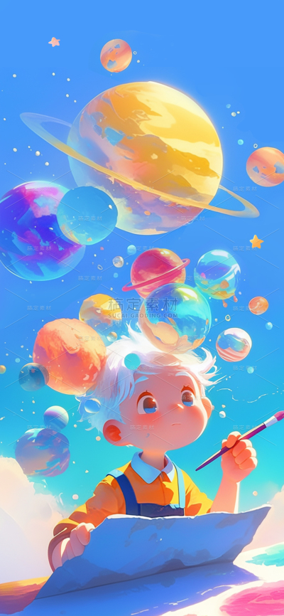 儿童节水彩光感小孩画画天空星球背景