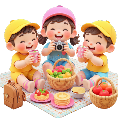 儿童节软3D风小孩野餐场景元素