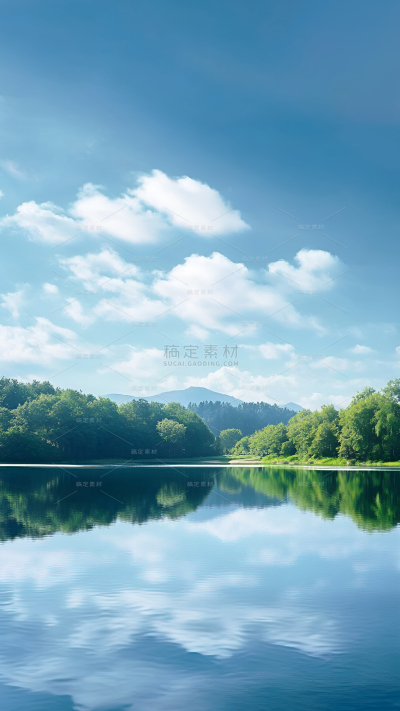 风光系列自然感蓝天白云湖泊倒影背景