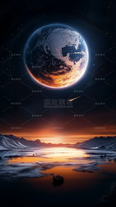 宇宙系列拟物感插画山脉河流+发光星球