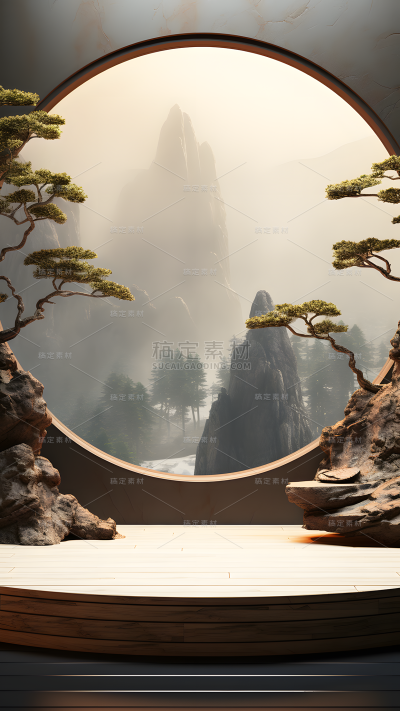 通用电商国风自然山树风景展台场景背景