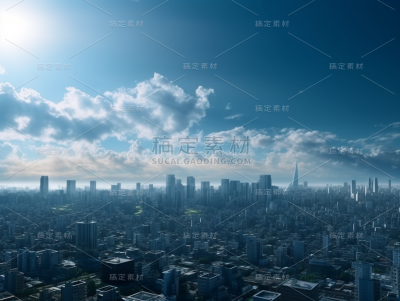 蓝天白云，城市景观俯拍