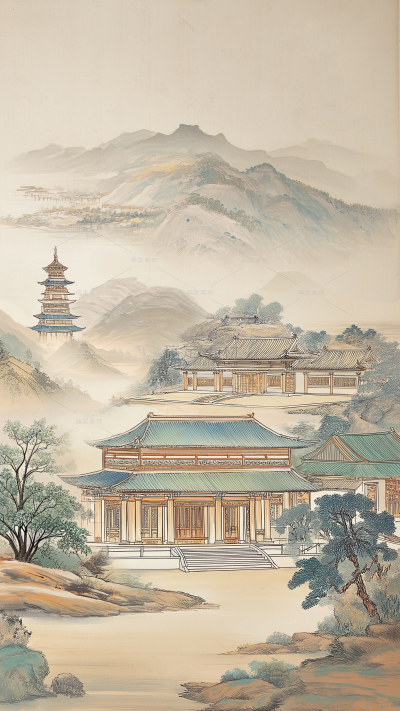 中国风系列描边插画风山水楼阁图片