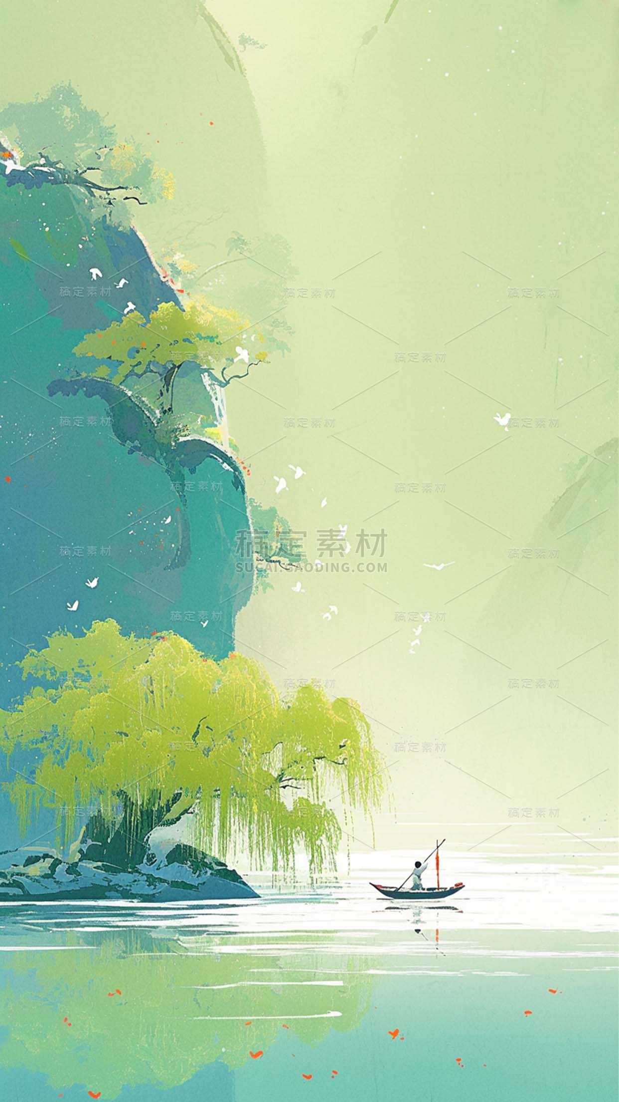 清明通用插画水墨风山水柳叶背景场景图片素材