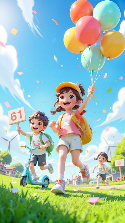 儿童节童趣感孩子拿气球插画背景