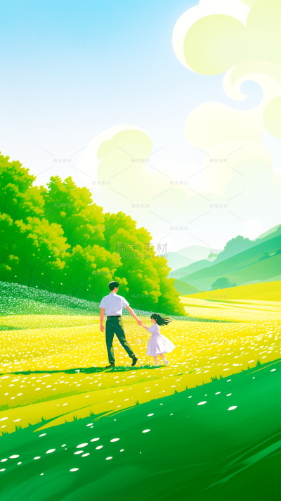 父亲节梦幻光感亲子树草坪插画背景