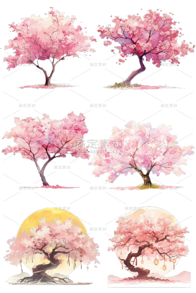 植物通用粉色插画单棵樱花树元素素材