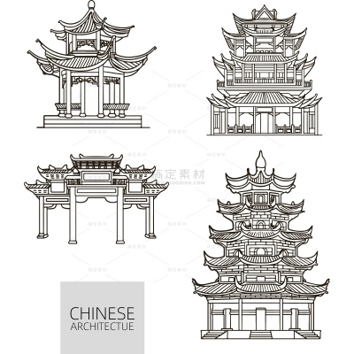 建筑系列插画风手绘黑白线稿古风城市建筑组合元素（td）