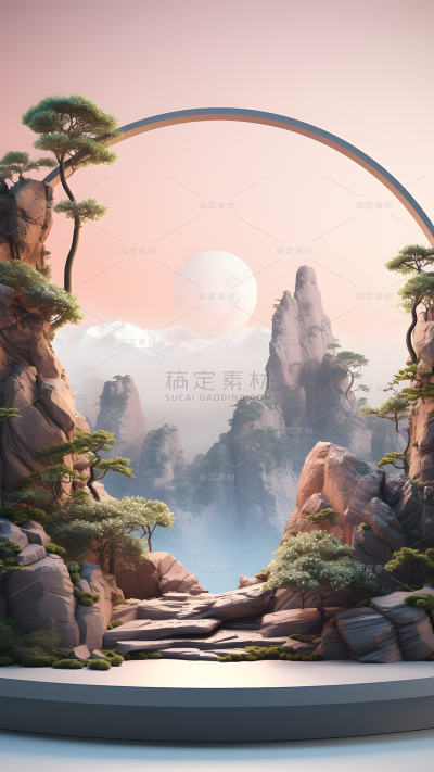 通用电商传统中国风中式自然山树风景圆形展台场景背景