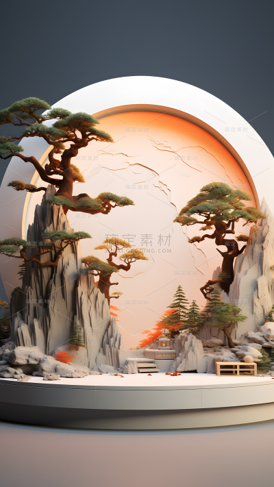 通用电商传统中国风中式自然山树风景圆形展台场景背景