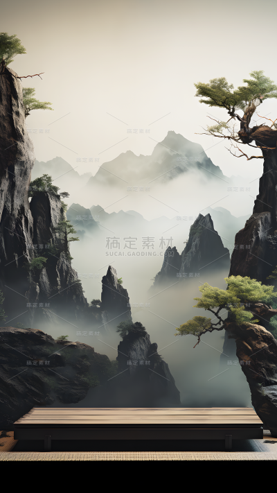 通用国风插画水墨色中式自然山树展台场景背景