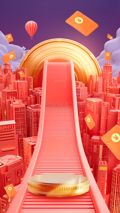 618年中大促电商活动3D立体传送带城市场景背景素材