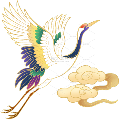 中国风系列插画风金色描边渐变仙鹤飞翔祥云元素