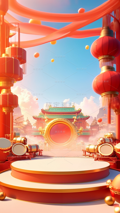 年货节喜庆3D建筑大鼓展台背景
