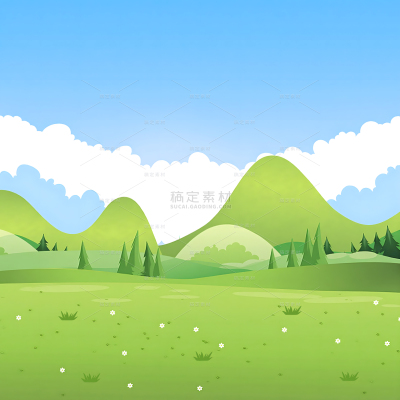 风光系列卡通风蓝天白云绿色山脉草原插画（td）