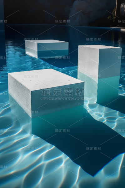 水中的白板，半透明几何形状的风格，池心，逼真的蓝天，具有戏剧性灯光的逼真静物，彩色雕塑板
