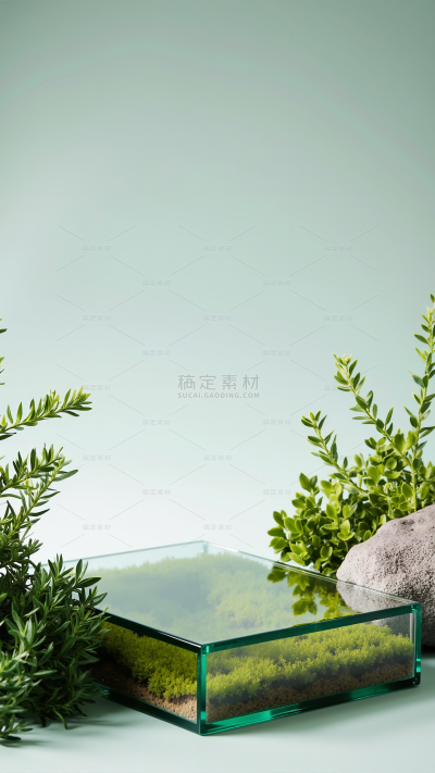 常规背景系列简约风绿植玻璃展台背景