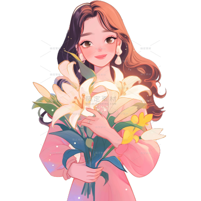 三八妇女节唯美感插画女性手捧鲜花人物元素