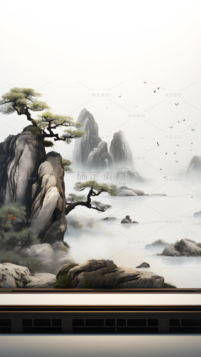 通用国风插画水墨色中式自然高山树木展台场景背景