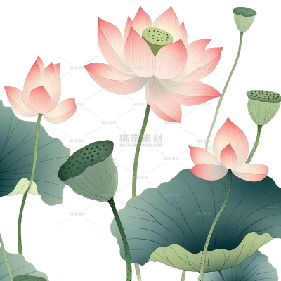 植物系列插画风未开的荷花荷叶元素