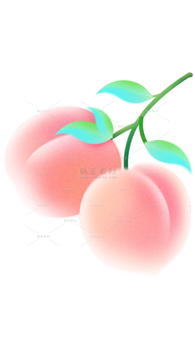 果蔬系列渐变感弥散插画一串粉色桃子+枝叶元素