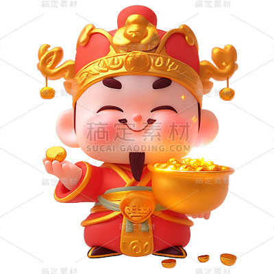 正月初五迎财神3D角色形象3D元素