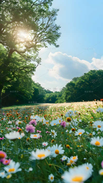 春天春季春日3D立体C4D实景旷野花田场景背景图片素材