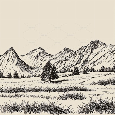 风光系列黑白远山山脉草地线稿元素(td)