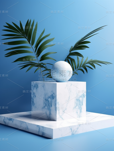 3D背景，方形大理石和球体、棕榈叶，摄影打光，3D，OC渲染，8K