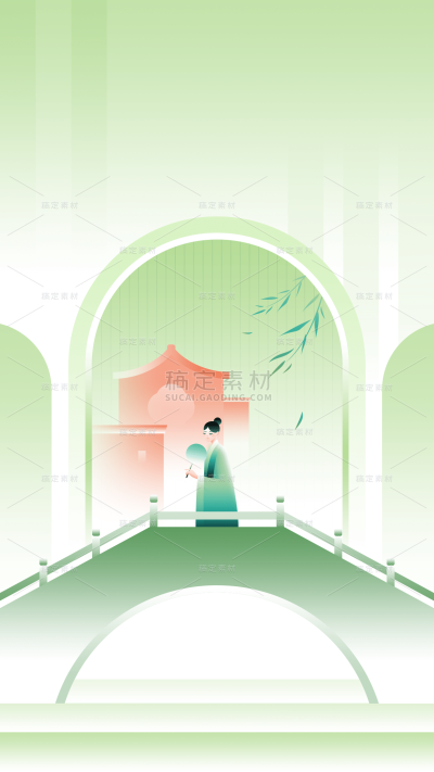 立春&春天新中式扁平几何插画人物背景