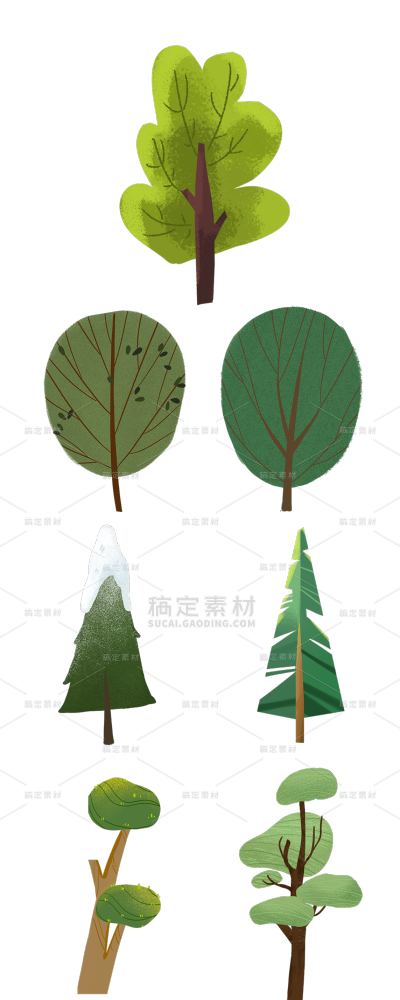 2309SC-素材组合-手绘风-植物贴纸-树
