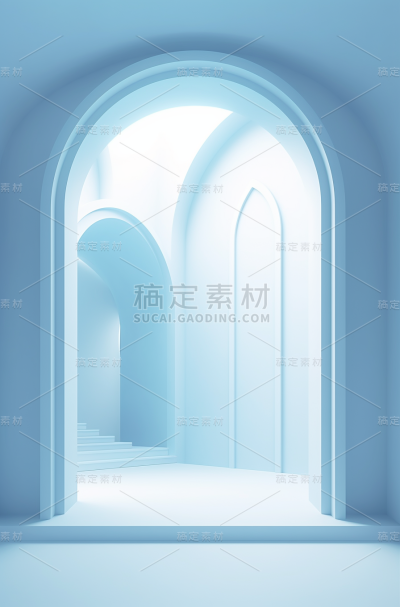 抽象天空的三维渲染，詹姆斯·图雷尔风格，浅白色和浅蓝色，拱形门道，圆形，极简主义静物画，菲利普·奥托·伦格，snailcore
