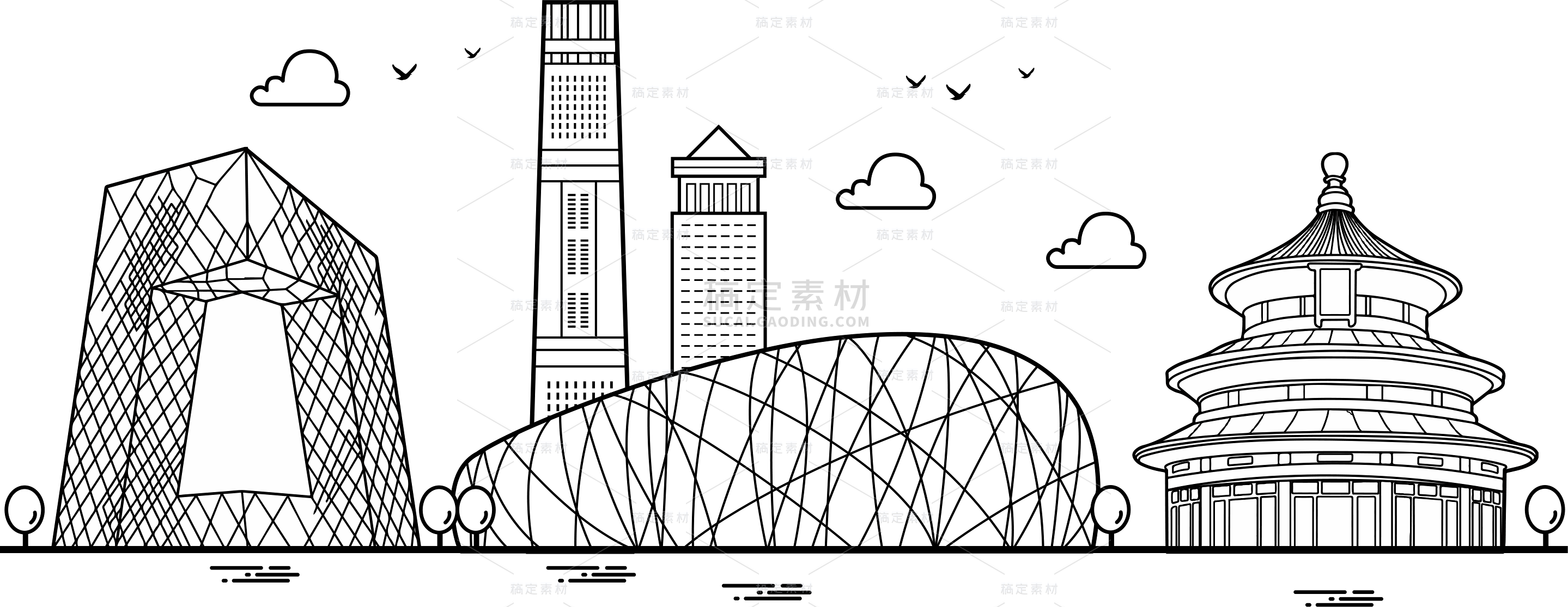 建筑系列插画风手绘线稿黑白城市建筑元素（td）