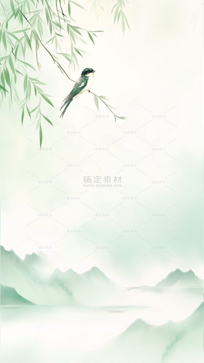 立春&春天国风水墨画树枝燕子组合背景